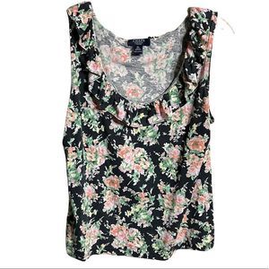 Chaps Ralph Lauren Black Floral Single Ruffle Tank Top Sz PL